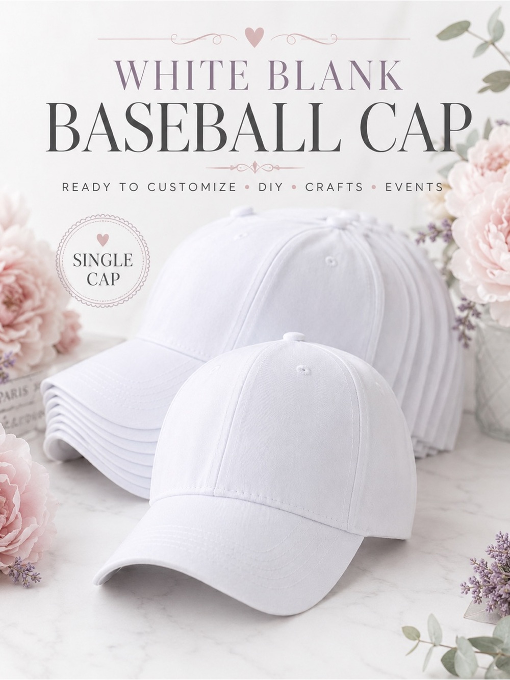 White Blank Baseball Cap • 1 Cap ONLY • DIY Craft • Customizable • Elastic Back